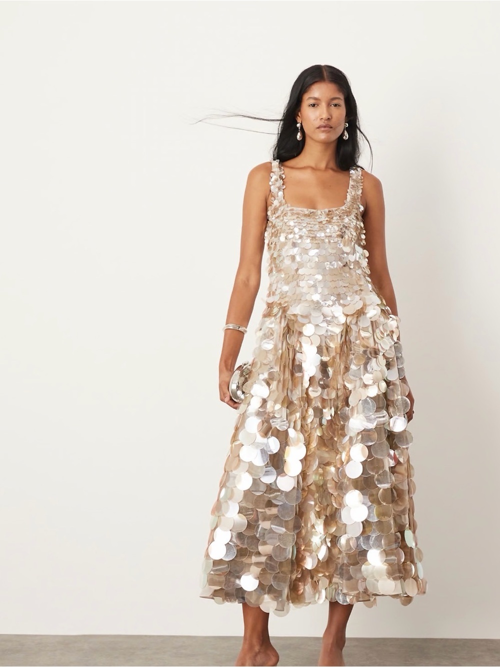 ARRANGE Sequin Disc Maxi Dress in gold